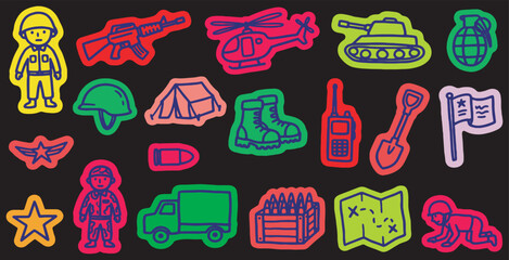 Obraz premium Collection of colorful military-themed stickers and icons on a dark background, including soldiers, weapons, vehicles, and equipment.