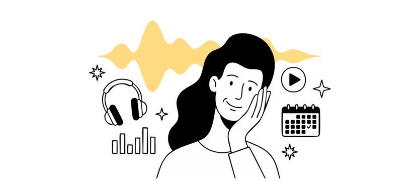 Podcast vector illustration woman listening to audio waveform music with headphones and calendar schedule planners, representing creative content production, sound design, and studio audio management.