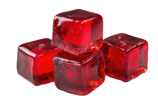 Vibrant ruby red cubes of color and clarity isolated on transparent background. Set of four glossy red ice cubes with water droplets isolated on white background.