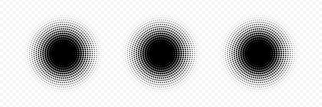 Halftone gradient set. Dotted textured round and square patterns. Cartoon faded background collection. Pixelated bitmap element pack for frame  poster  collage  banner. Vector comic bundle