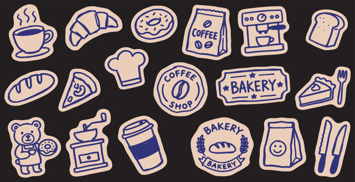 Collection of hand-drawn bakery and coffee shop stickers with various pastries, drinks, and related items.