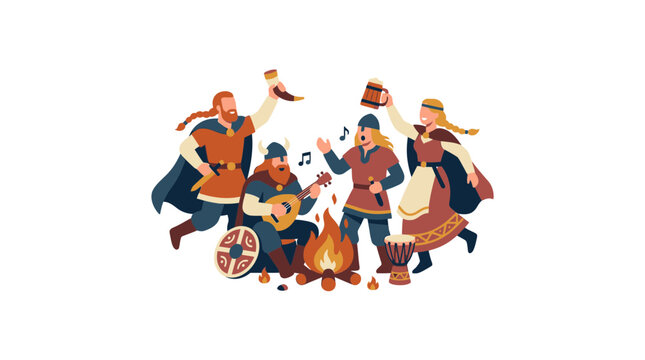 Viking Celebration: People Dancing, Singing, Playing Music Around Campfire