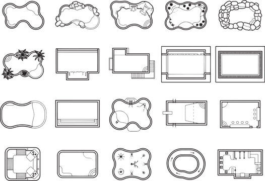 Collection of swimming pool designs, various shapes and styles, presented as top-down blueprints with distinct features for landscaping and relaxation zones.