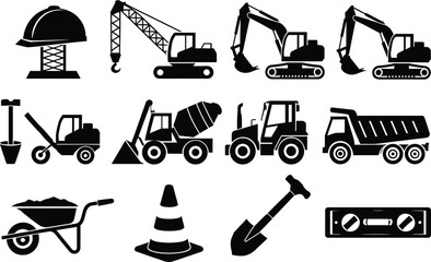 Construction vehicle and heavy equipment icon set featuring excavators dumper truck concrete mixer wheelbarrow traffic cone and safety helmet isolated on white background © Sandra Weiss