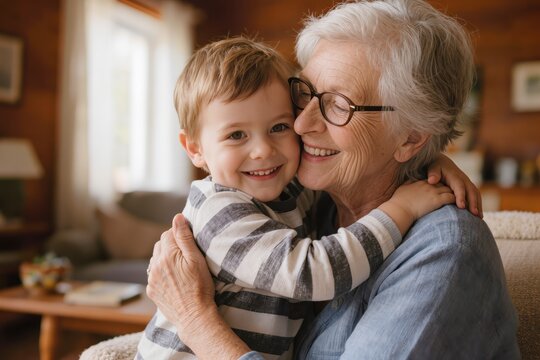 Grand-m&egrave;re souriante serrant son petit-fils dans ses bras &agrave; la maison, moment de tendresse et de complicit&eacute; familiale