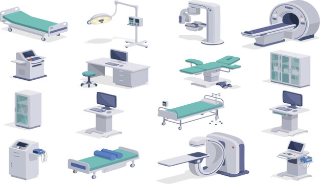 Hospital Room Furniture and Medical Equipment Isometric Vector Icon Set with MRI Scanner, Surgery Table, Beds, Cabinets, Monitors, and Ultrasound Machine