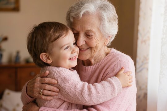Grand-m&egrave;re souriante serrant son petit-fils dans ses bras &agrave; la maison, moment de tendresse et de complicit&eacute; familiale