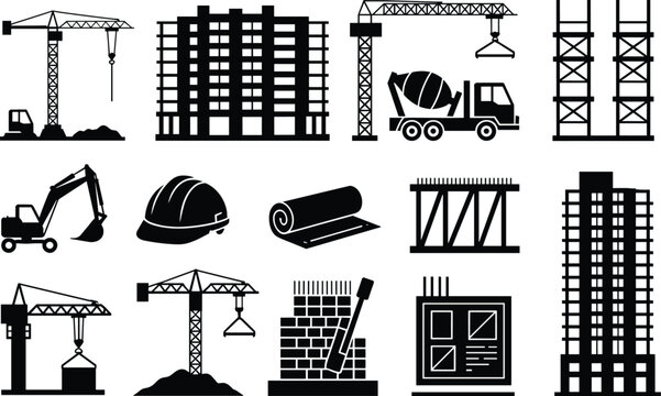 Construction site vector icons featuring buildings under development cranes concrete mixer excavator and engineering structures isolated on white background