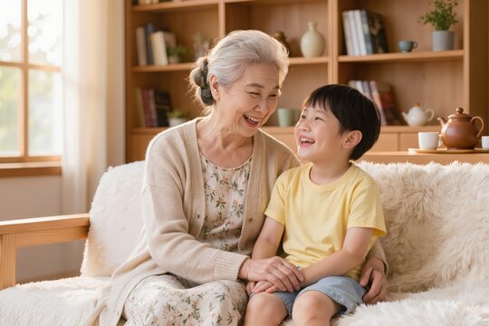 Grand-m&egrave;re souriante serrant son petit-fils dans ses bras &agrave; la maison, moment de tendresse et de complicit&eacute; familiale