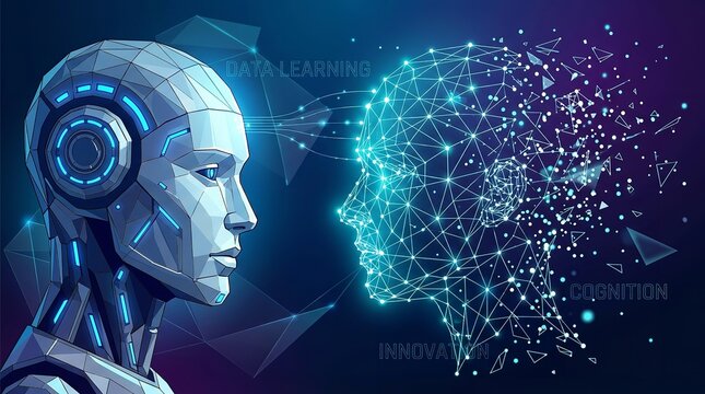 Artificial intelligence robot head facing a human-like digital network brain, symbolizing machine learning, data processing, and technological innovation in a futuristic blue-purple background