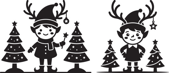 Fototapeta premium Christmas elves with reindeer antlers and pine trees silhouettes christmas reindeer silhouette celebration character isolated