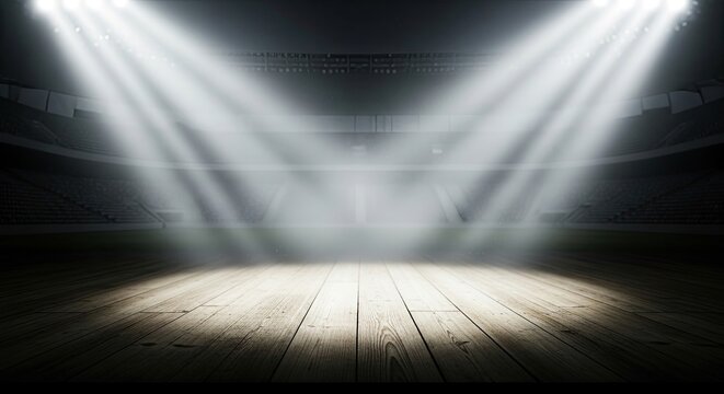 Bright spotlights shining on an empty wooden stage floor.
