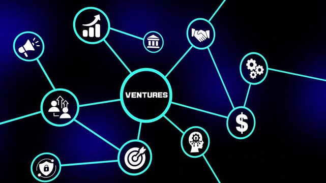 Business ventures concept with enterprise investment strategies, digital innovation, collaborative partnerships and scalable organizational growth.