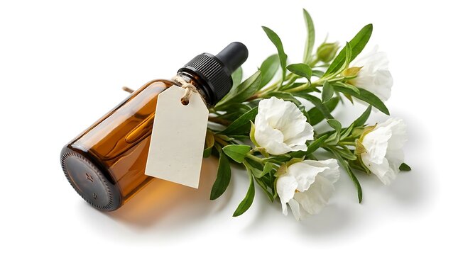 A small amber glass dropper bottle of cistus essential oil with a blank rustic tag next to a sprig of white rockrose flowers on a clean white background