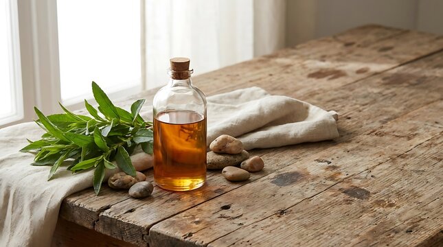 A bottle of cistus essential oil placed on a rustic wooden table next to fresh green leaves and small smooth stones for a natural apothecary presentation