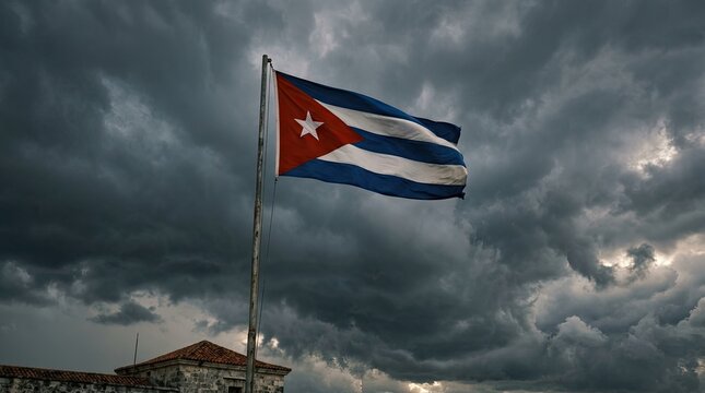 National flag of Cuba waving in a stormy sky.