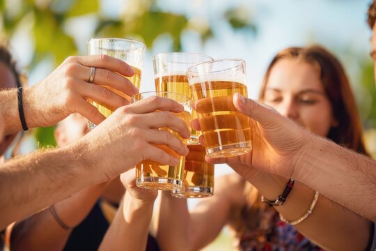 Groupe d&rsquo;amis trinquant avec des fl&ucirc;tes de champagne lors d&rsquo;une c&eacute;l&eacute;bration en ext&eacute;rieur au coucher du soleil