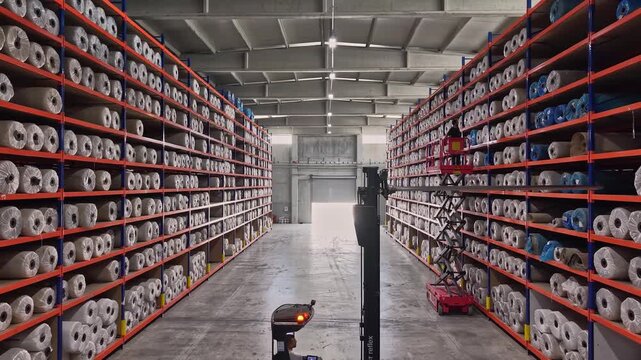 Wrapped yarn bobbins are stored on high shelves inside a textile warehouse with a forklift work area. This video frame shows stock management, raw material storage, logistics, and industrial warehouse