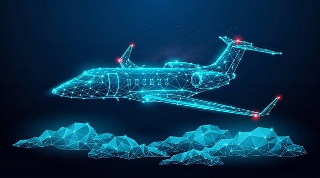 Digital private jet flying above abstract clouds, representing modern aviation, future travel, and technological advancements in aerospace engineering and transportation