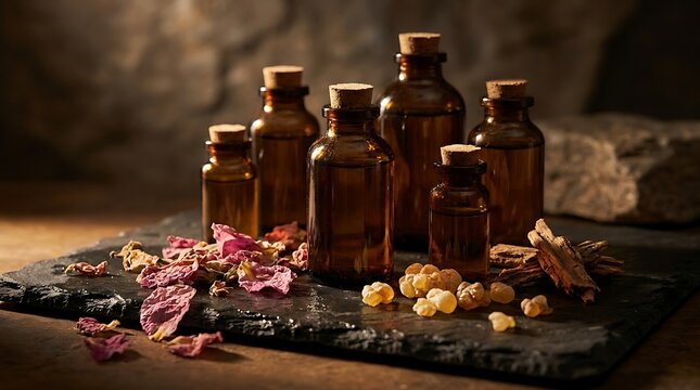 A collection of apothecary glass bottles containing cistus essential oil on a dark slate tray with dried rose petals and resin for holistic wellness