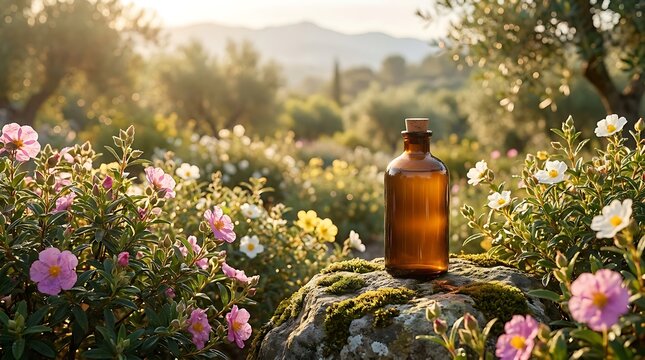 A beautiful amber bottle containing cistus essential oil sitting on a mossy stone surrounded by blooming flowers in a sunlit Mediterranean garden meadow