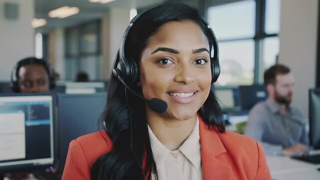 Call center employee talks with customers in office space during the workday