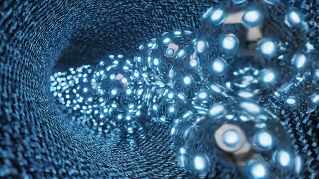 Futuristic nanotechnology nanosphere nanotube tunnel blue glow abstract science medical bloodstream concept with glowing nanoparticle sphere molecule