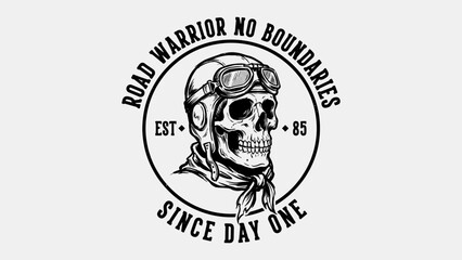Fototapeta premium Vintage road warrior biker skull with motorcycle helmet and goggles retro emblem illustration for t-shirt design print, merchandise apparel, and streetwear brand