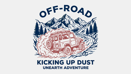 Retro mountain off-road adventure 4x4 car driving through desert dust with pine tree landscape illustration for t-shirt design print and apparel © Rizalivn