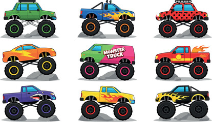 Colorful Monster Truck Vector Set, Cartoon Illustration Collection with Big Wheel Truck in Different Colors and Flame Designs © Mifta