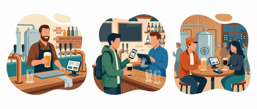 Craft brewery and pub scenes with bartender and customers drinking