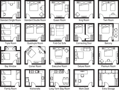 A comprehensive collection of hotel room floor plan diagrams, showcasing various layouts from single rooms to family suites, with distinct features like balconies and kitchenettes.
