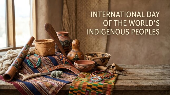 Clay pottery woven baskets and aboriginal didgeridoo still life for International Day of the World's Indigenous Peoples