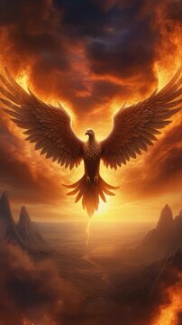 Mythical firebird descending over a dramatic sunset landscape