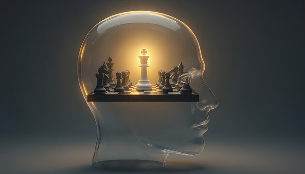 A chess board with a glowing king piece placed inside a transparent human head profile, representing strategic thinking, business planning, logic, and intellectual mindset