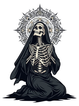 Skeleton Nun Praying with Rosary Under Ornamental Halo Skull Art