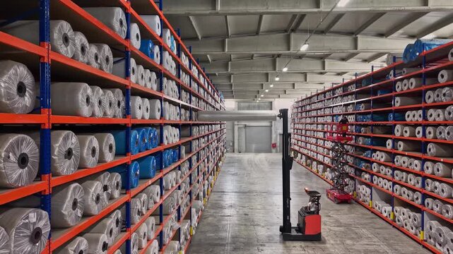 Yarn bobbins are stored on high shelves inside a textile warehouse with forklift operation. This video frame shows stock management, raw material storage, logistics, and industrial warehouse layout.