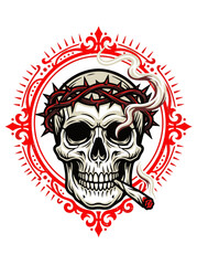 Fototapeta premium Skull Wearing Crown of Thorns Smoking Cigarette Within Ornate Red Frame Design
