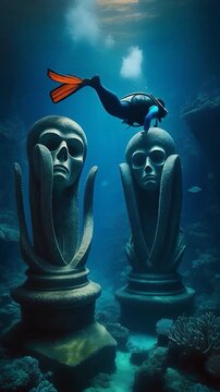 Diver exploring submerged ancient monolithic statues on ocean floor