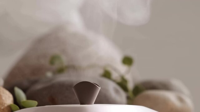 Center tabletop diffuser nozzle releasing steady vapor plume in soft neutral interior with spa styling, warm diffuse light, and calm minimal composition, with diffuser, humidifier, vapor, steam detail