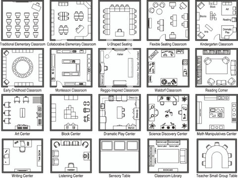 A visual compilation of diverse classroom layouts, from traditional to Montessori and collaborative, showcasing varied seating arrangements and learning centers for educational environments.