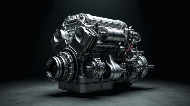 Modern high performance internal combustion engine isolated on black background.