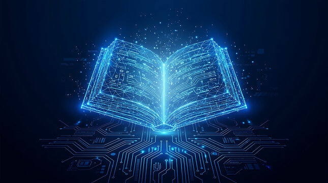 Glowing wireframe mesh of an open book, blue digital effect