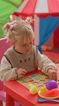 Girl blonde little places a wooden puzzle piece with her hand into a pegboard on a red play table beside plastic fruit and spoon in a building; quiet concentration.