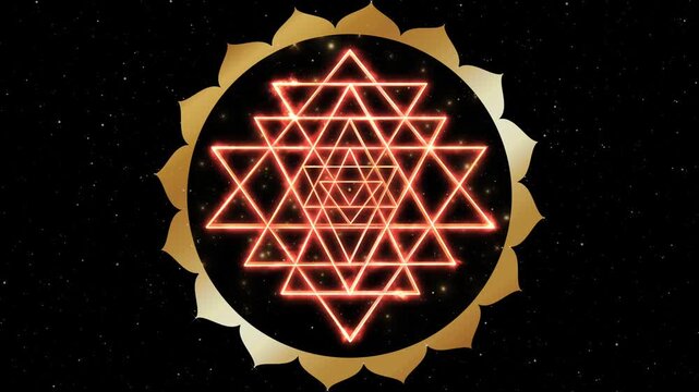 Animation of Sri Yantra and gold lotus mandala, glowing sacred geometry used in Hinduism, Tantrism as a tool for meditation and concentration to harmonize the mind and promote spiritual awakening 