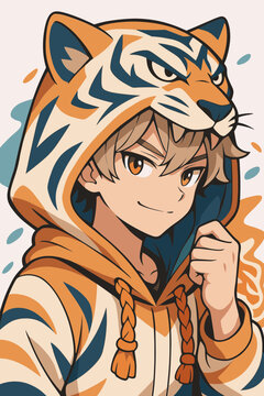 Cute Anime Boy Character Portrait Wearing Wild Tiger Head Costume Hoodie Jacket With Striped Pattern Details Young Male Samurai Warrior Smirking Confident Avatar Mascot Graphic Illustration
