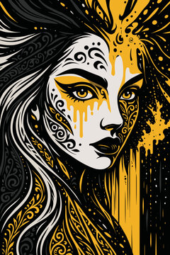 Mystical Fantasy Woman Portrait Character Featuring Complex Henna Swirl Mandala Ornaments Splashing Bright Yellow Liquid Paint Trails Messy Hair Eyes Staring Graphic Artwork Illustration
