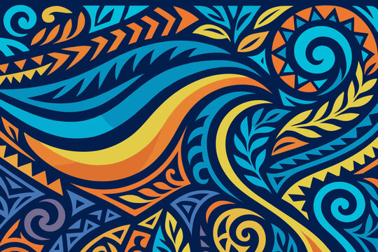 Polynesian Tribal Seamless Pattern Blending Traditional Hawaiian Tattoo Ornaments Intricate Maori Floral Swirls Curved Lines Organic Ocean Waves Blue Yellow Orange Folk Ethno Art Design Element
