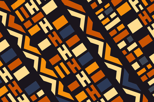 Traditional African Geometric Diagonal Seamless Pattern Featuring Tribal Ethnic Abstract Ornaments Mesoamerican Chevron Zigzag Stripes Terracotta Clay Beige Yellow Folk Aztec Art Texture
