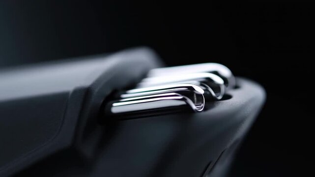 Low-angle close-up of three polished chrome levers on matte black curved base with subtle focus shift, cool specular highlights, sleek modern industrial design, with chrome, lever, metal, reflective